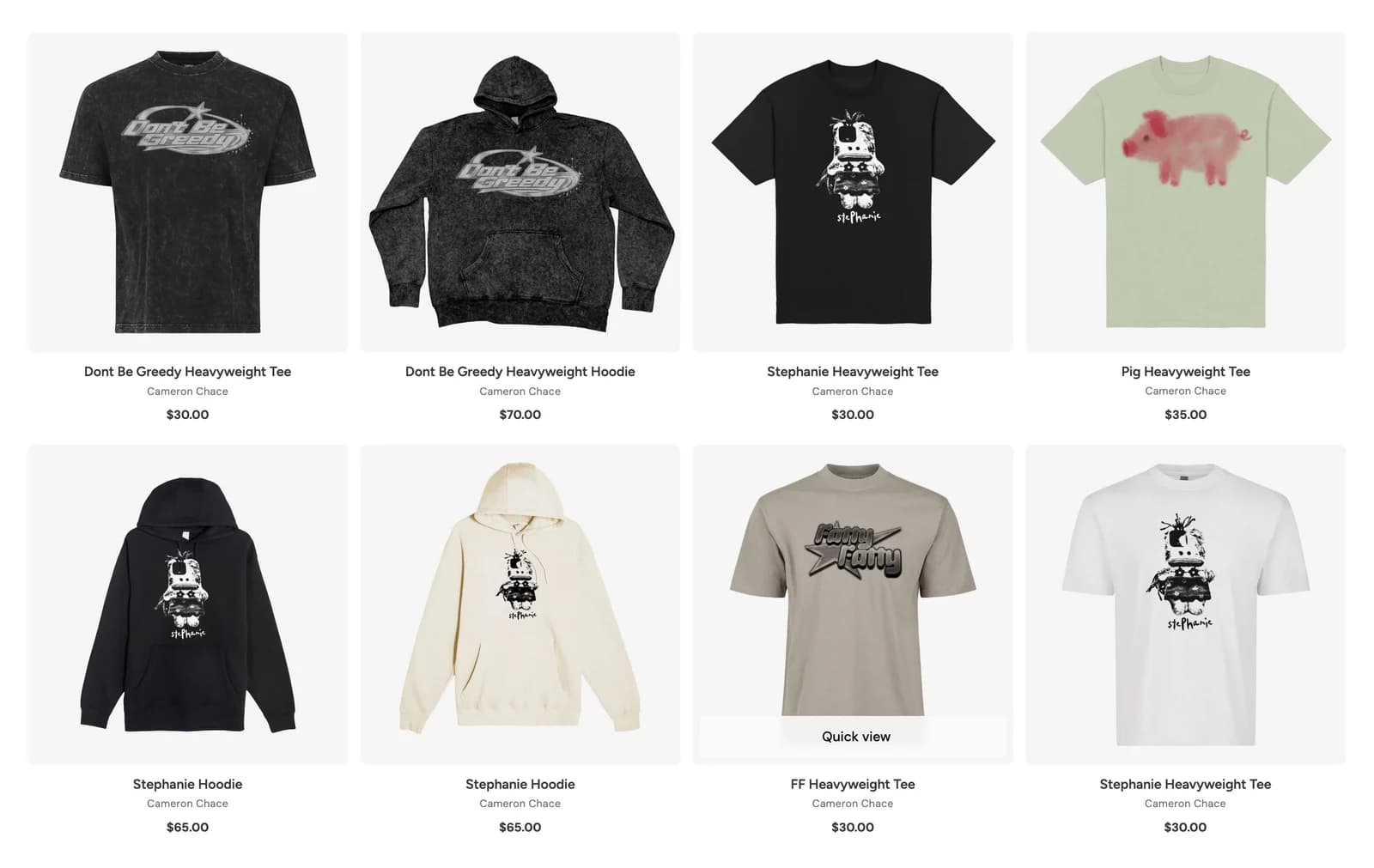 A creator's MerchLabs shop, showing eight products with prices